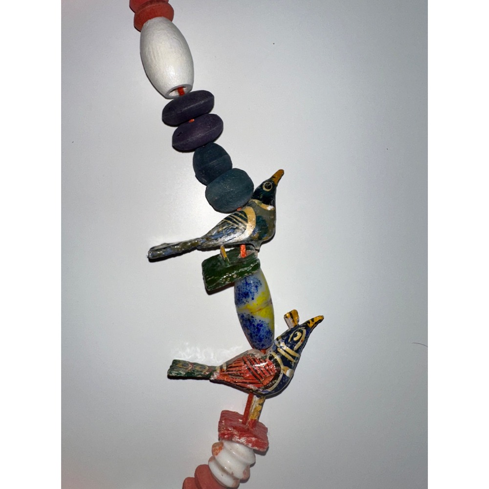 Artisan Hand Painted‎ Bird Beaded Necklace Multicolor Wood Ceramic Folk Art Boho - Picture 2 of 6